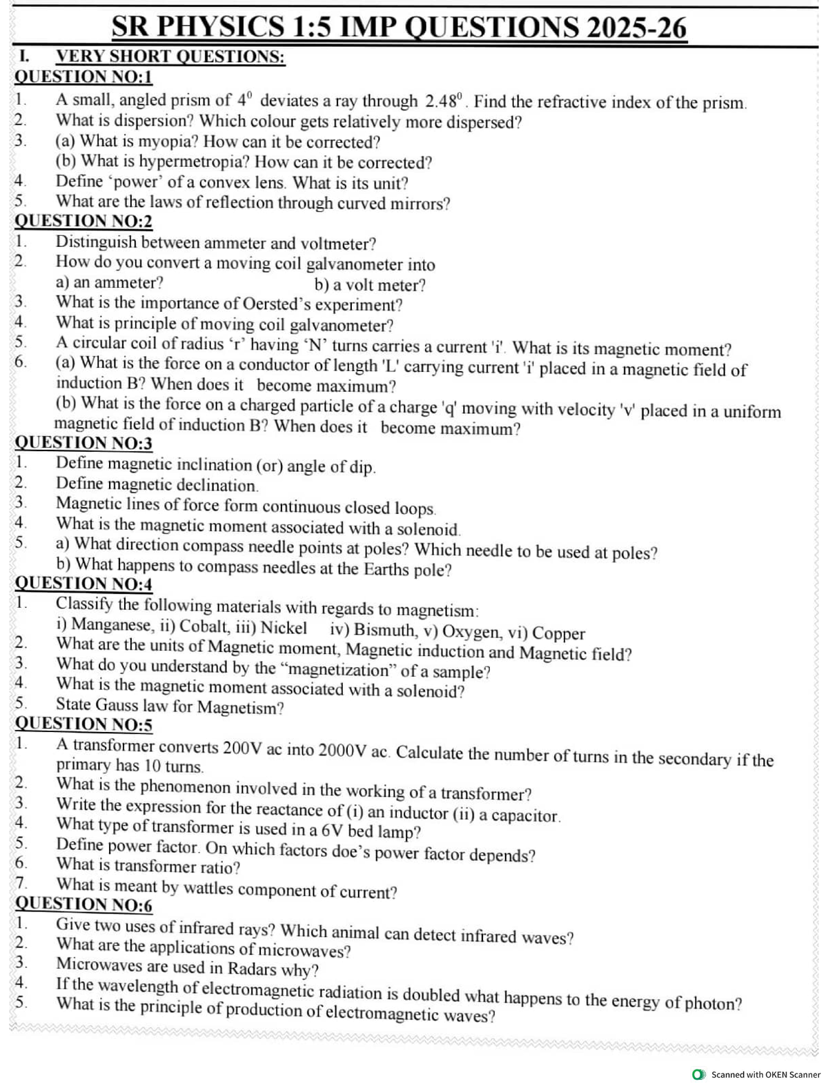 SR PHYSICS 1:5 IMPORTANT QUESTIONS AND ANSWERS - Studocu