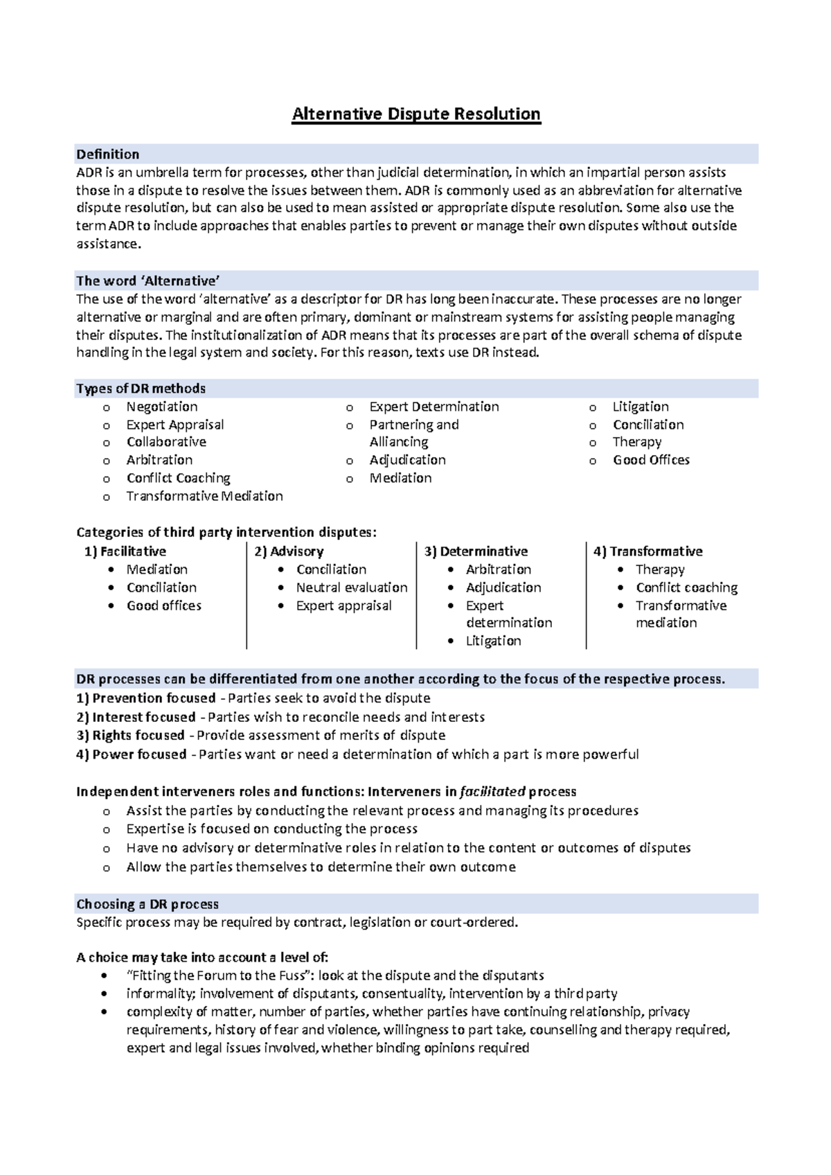 Final Exam Notes on Alternative Dispute Resolution (ADR) - Studocu