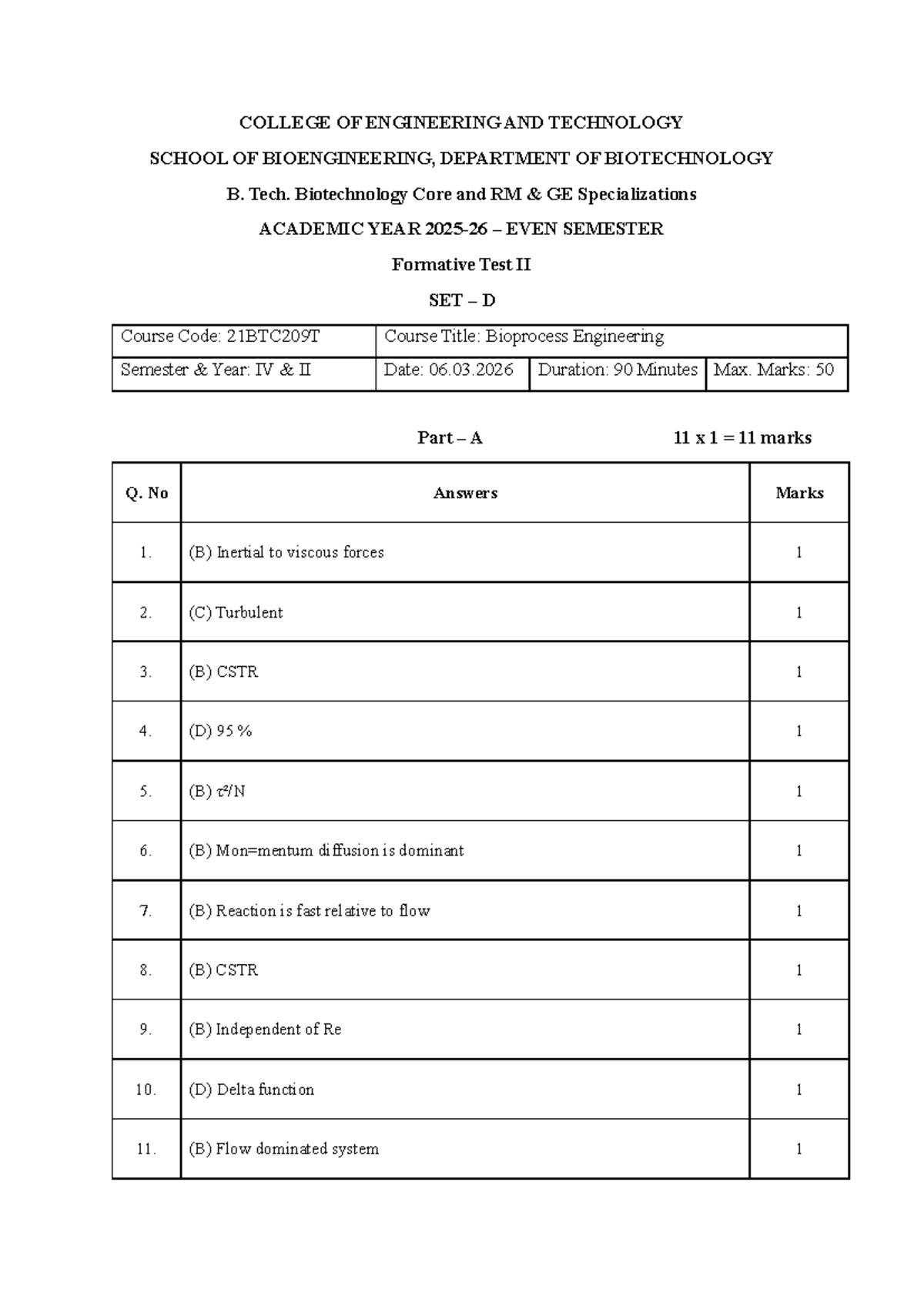 Bioprocess Engineering Formative Test II Set D - Answer Key (21BTC209T ...