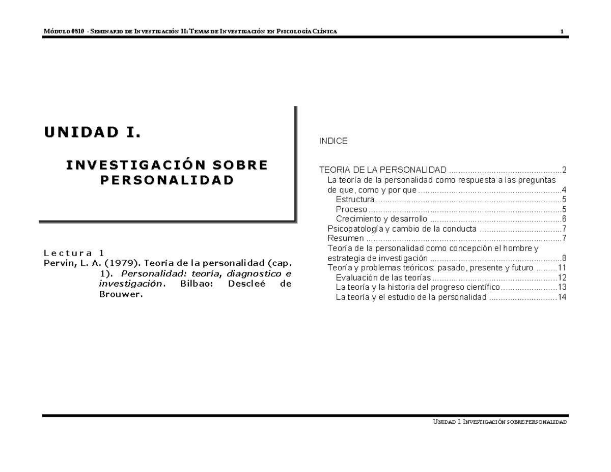 Lectura 1 Personalidad-teoría diagnóstico e investigación - L e c t u r