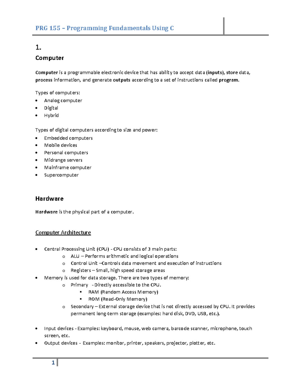 Computer Fundamentals - 1. Computer Computer is a programmable ...