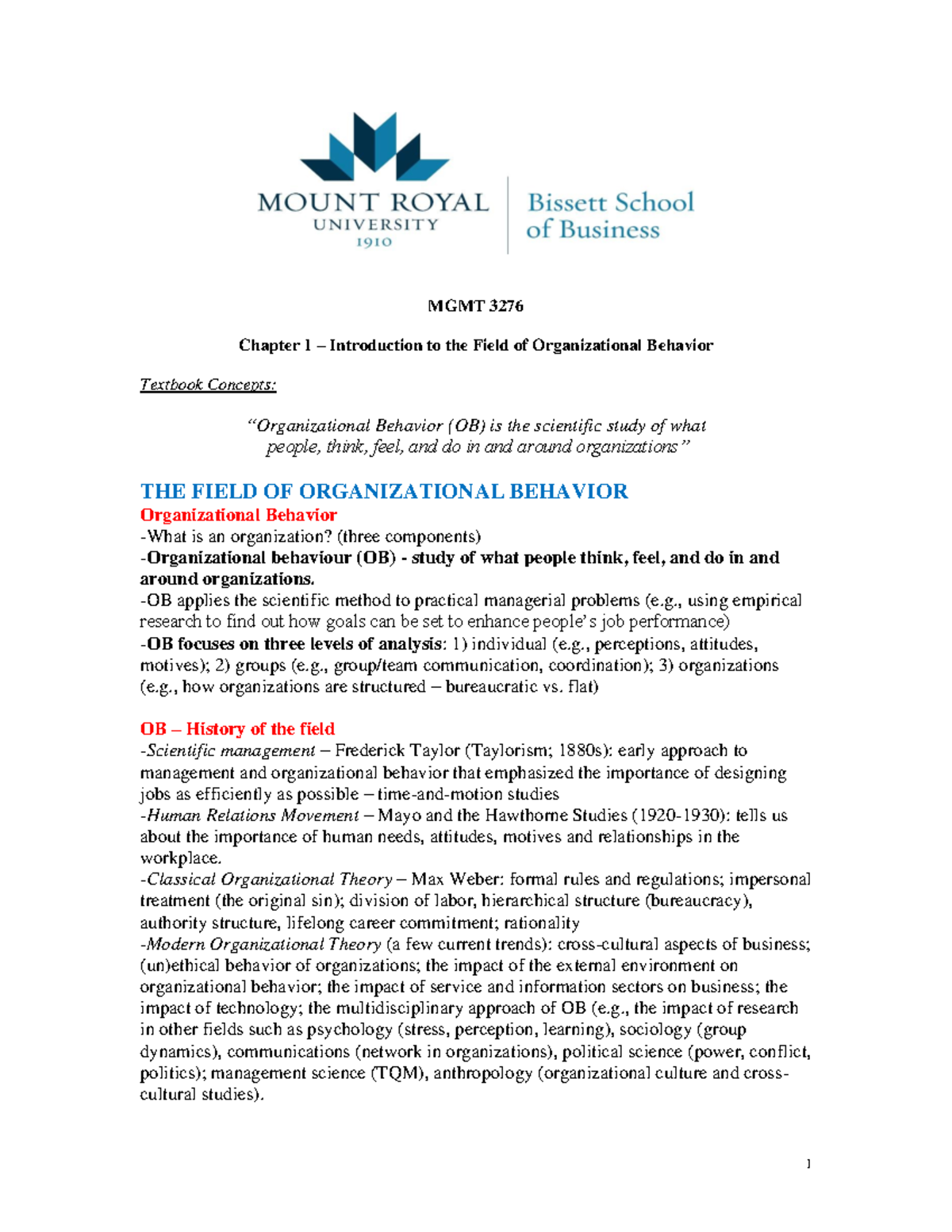 Chapter 1 notes - MGMT 3276 Chapter 1 – Introduction to the Field of ...