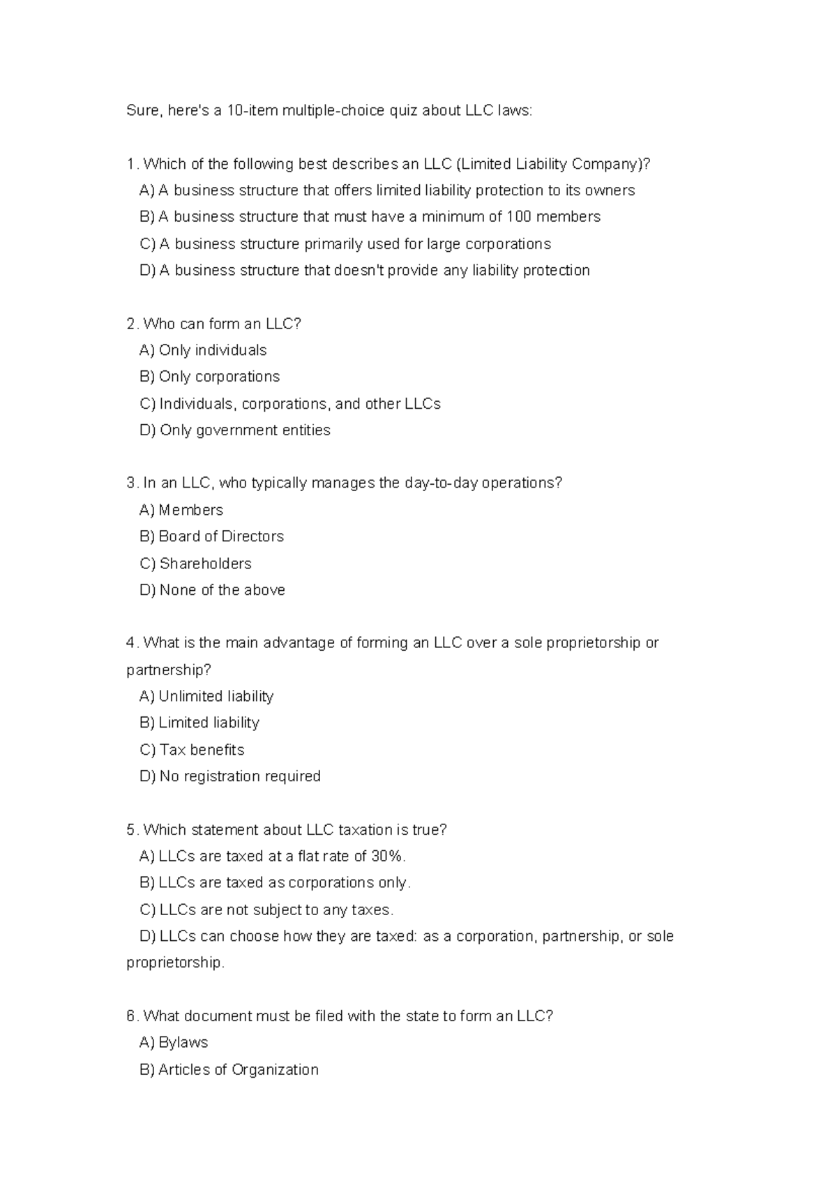 LLC Quiz 3: Understanding Limited Liability Company Laws - Studocu