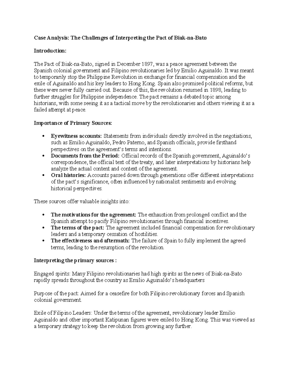 Case Study G6: Analyzing the Pact of Biak-na-Bato in History - Studocu