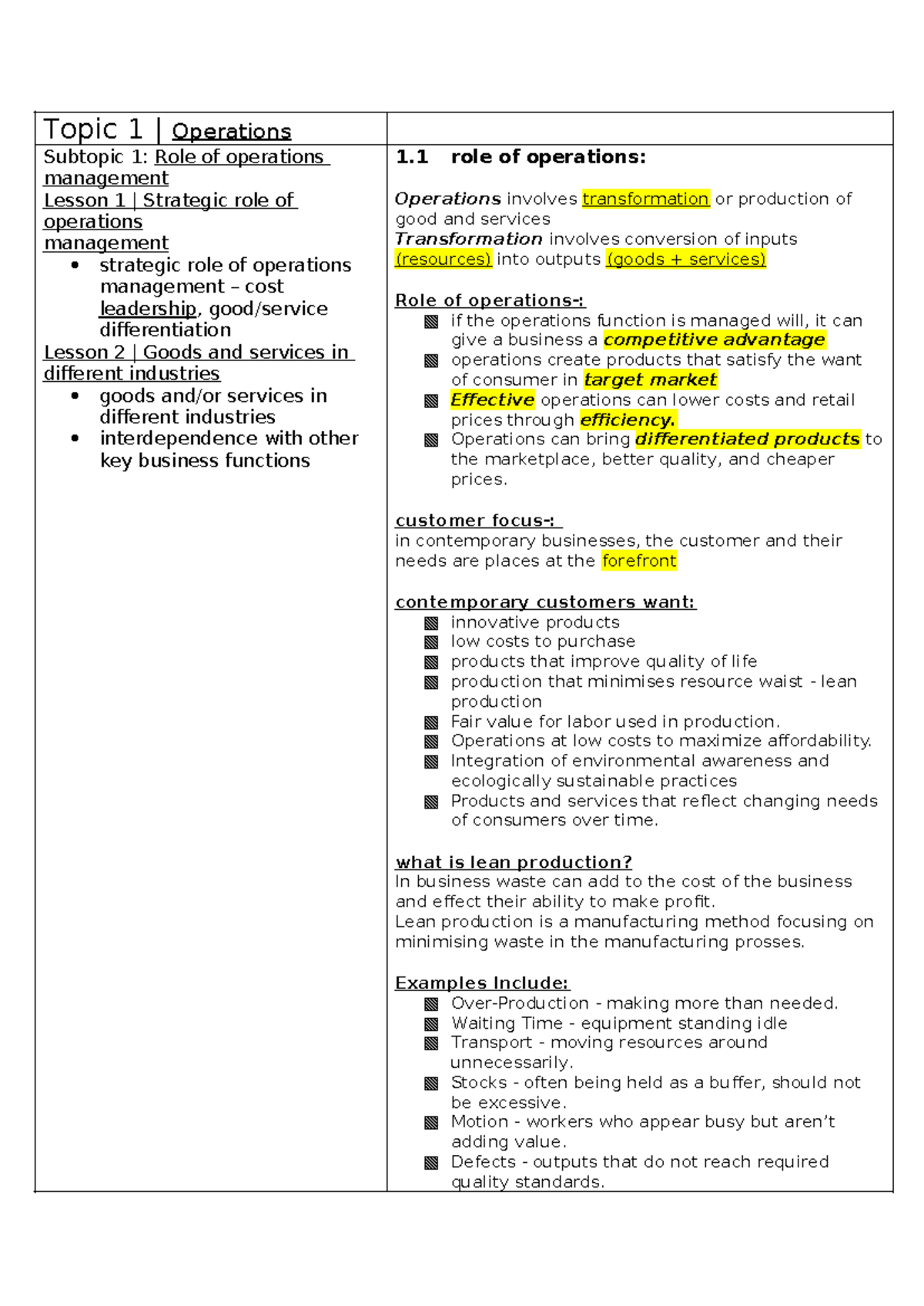 Business - Topic 1 | Operations Subtopic 1: Role of operations ...