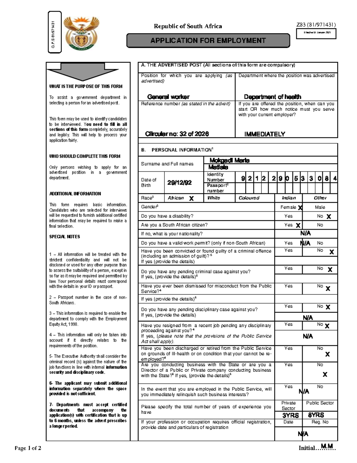 Z83 Application for Employment - Republic of South Africa - Studocu