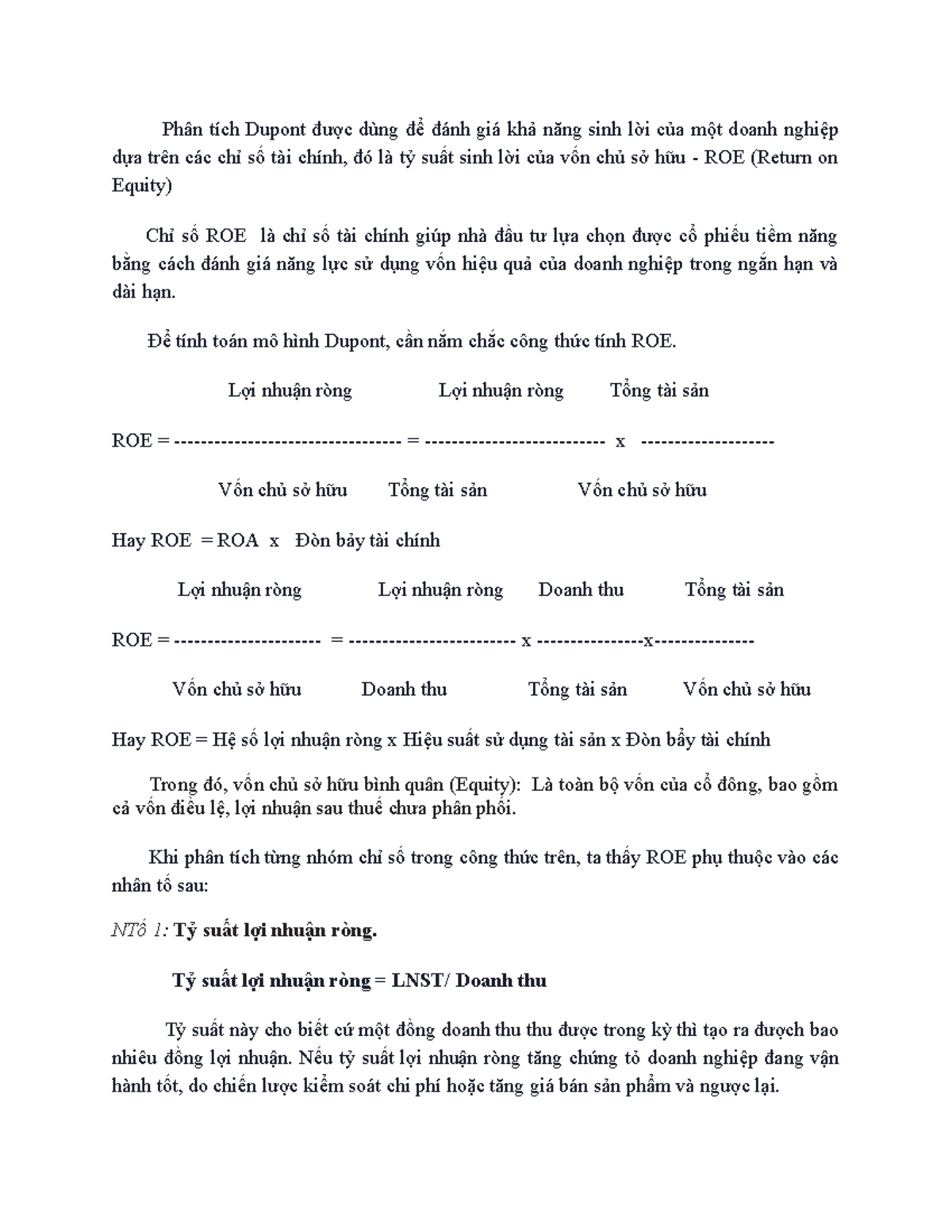 Phân Tích Mô Hình Dupont trong Đánh Giá ROE Doanh Nghiệp - Studocu