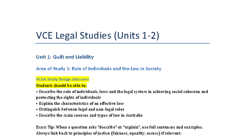 VCE Legal Studies Premium Notes: Unit 1 & 2 Overview and Exam Tips ...