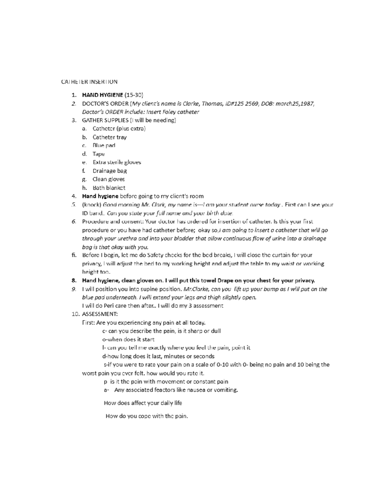 Foley script - for return demo - NURS1203 - Studocu