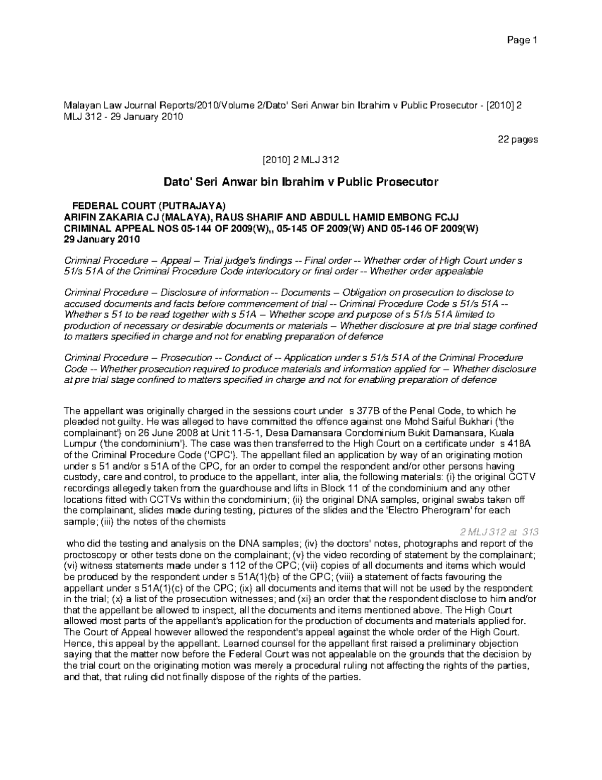 Dato Seri Anwar Bin Ibrahim V Public Prosecutor 2010 2 Mlj 312