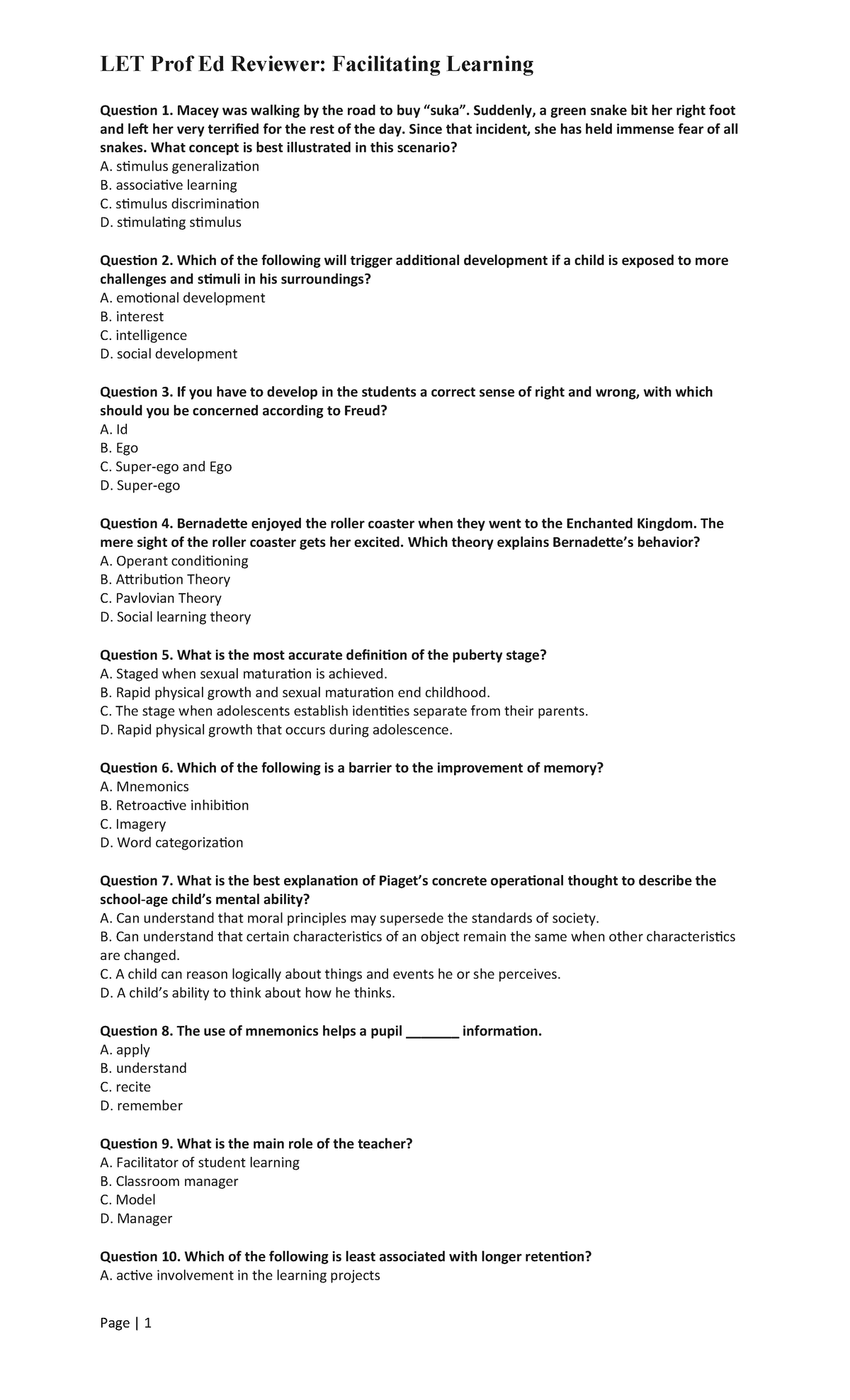 LET Prof Ed Reviewer: Facilitating Learning 50 Item Quiz - Studocu