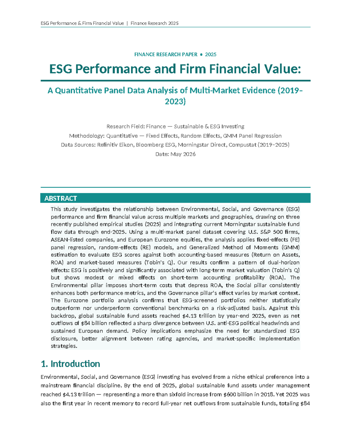 ESG Performance and Firm Financial Value: Finance Research 2025 - Studocu