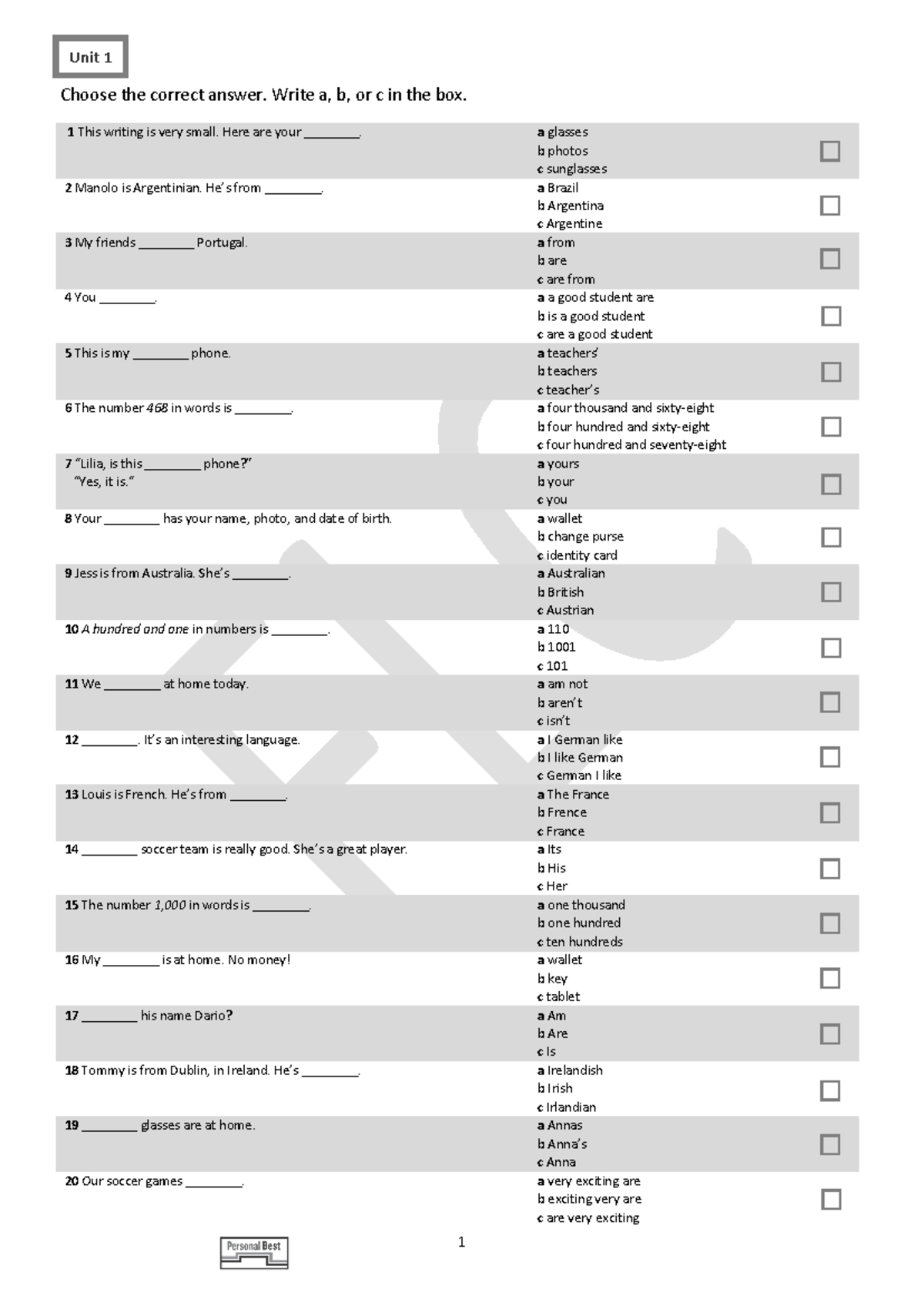 Unit Test U1: Practice Questions for English Level 1 - Studocu