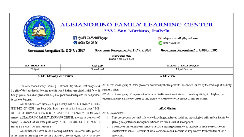 Curriculum Map for Grade 9 Mathematics - AFLC 2023-2024 - Studocu