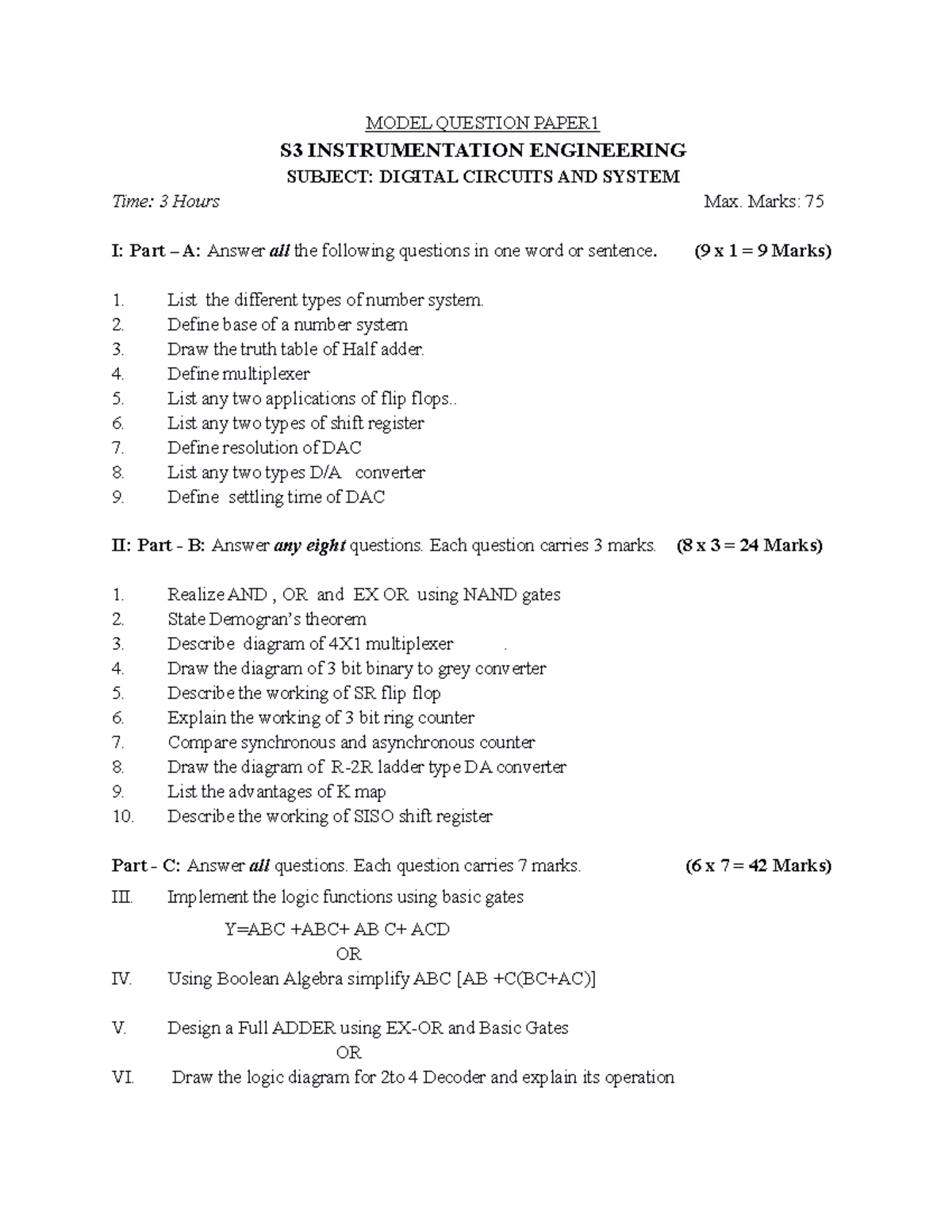MODEL QUESTION PAPER 1 & 2 S3 INSTRUMENTATION ENG: DIGITAL CIRCUITS ...