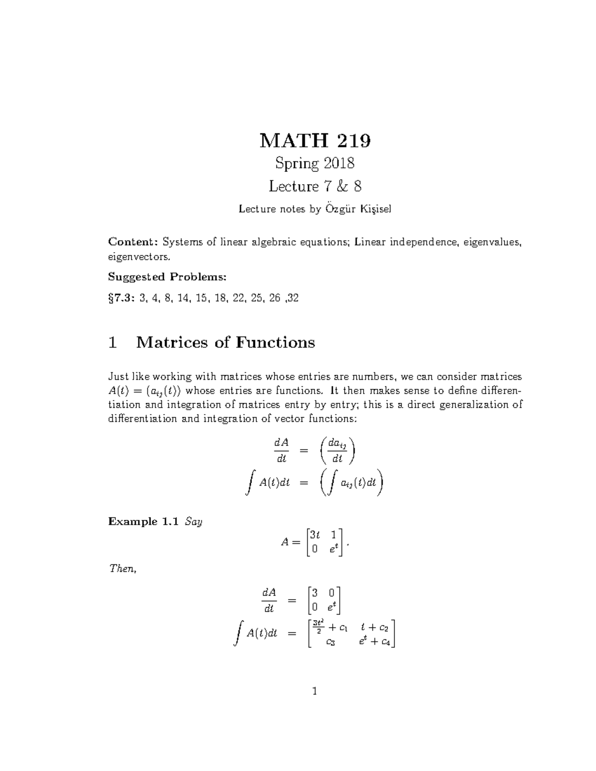 MATH 219 Spring 2018 Lecture 7 & 8 Notes on Linear Algebra - Studocu