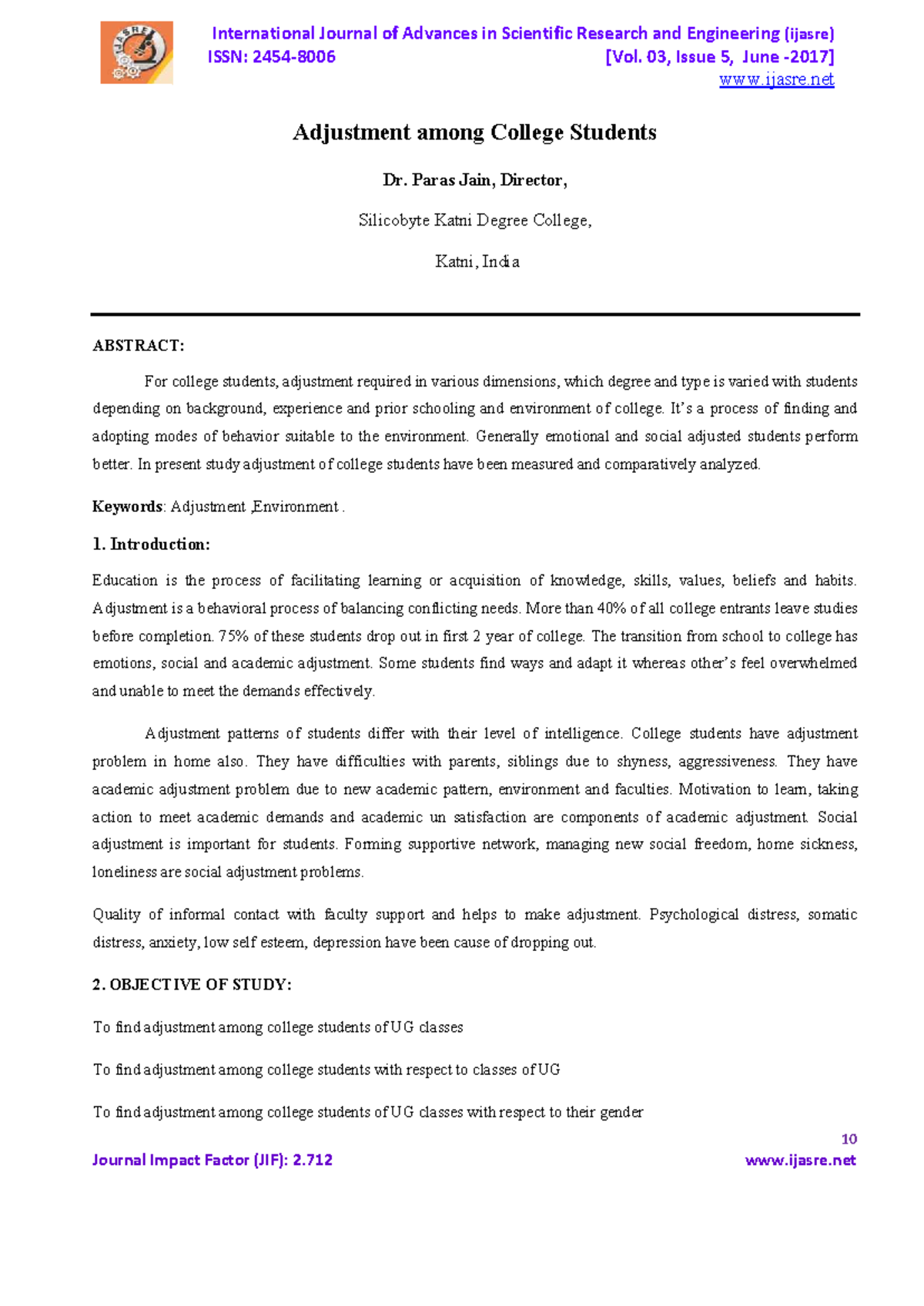 Adjustment among College Students - International Journal of Advances ...