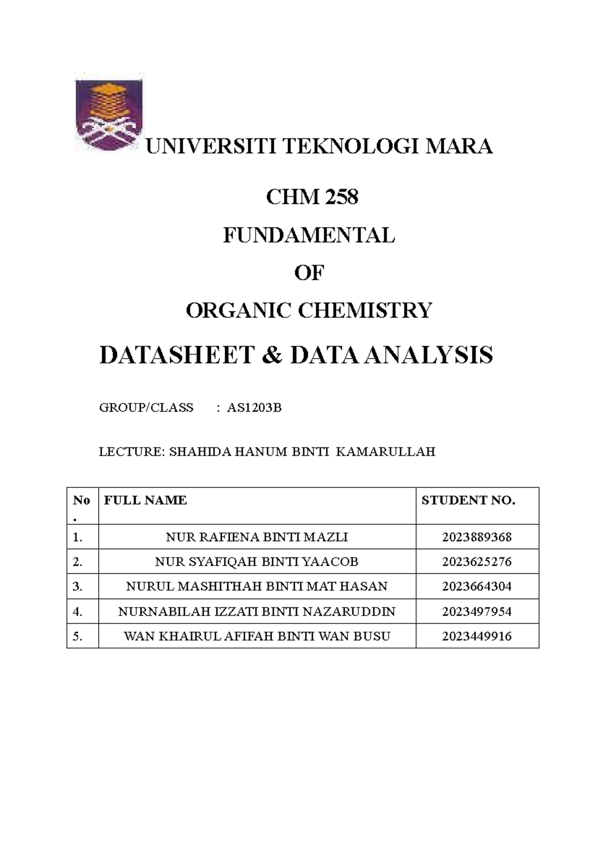 CHM 258 Organic Chemistry Data Analysis & Experiment Results - Studocu