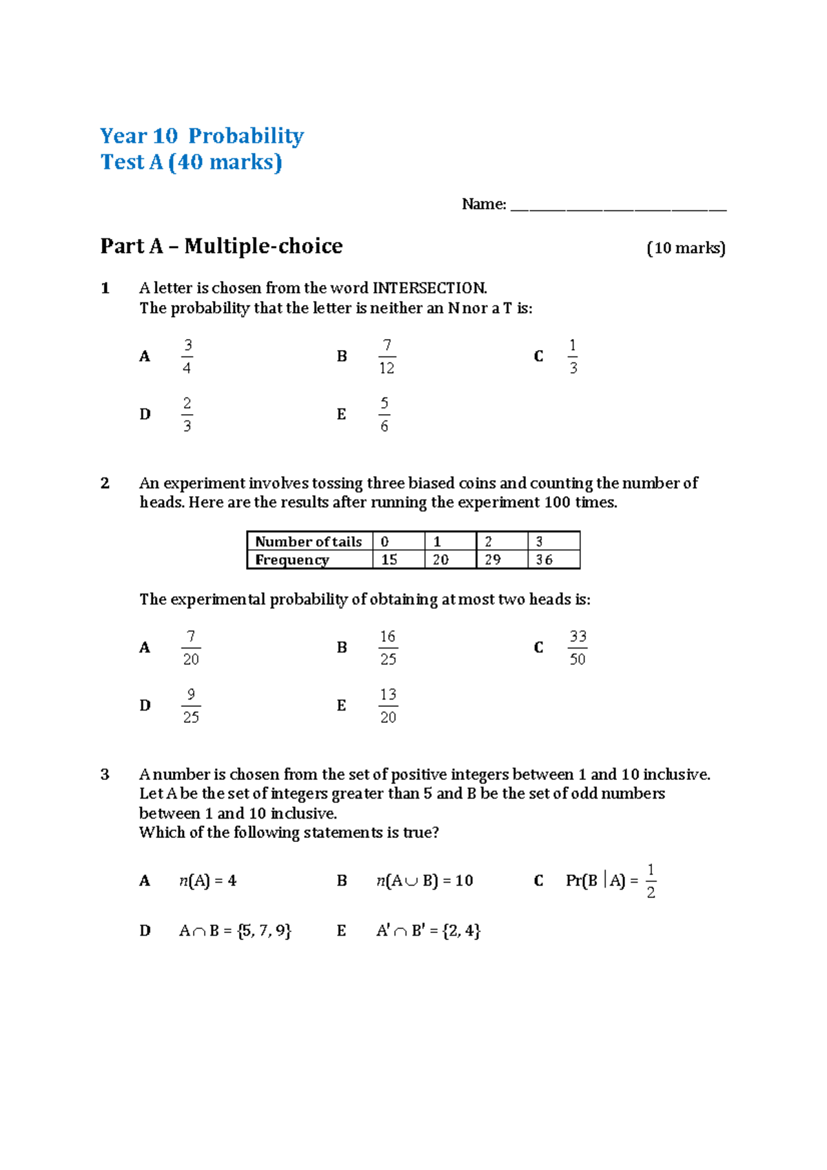 Year 10 Probability Test A & B (40 Marks) - Comprehensive Review - Studocu