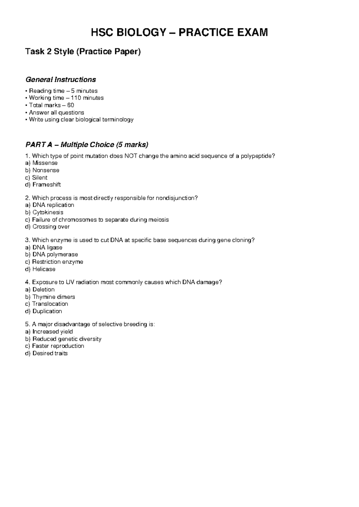 HSC BIOLOGY PRACTICE EXAM: Task 2 Style Questions - Studocu