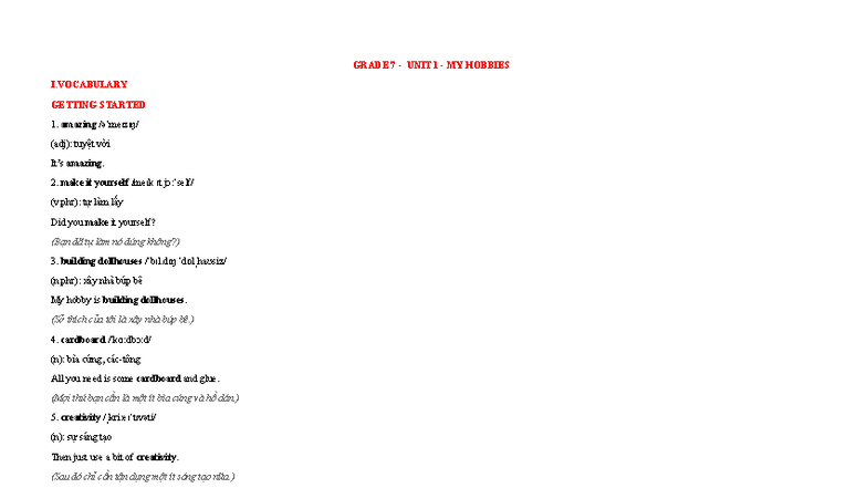 GRADE 7 UNIT 1: MY HOBBIES - VOCABULARY & ACTIVITIES - Studocu