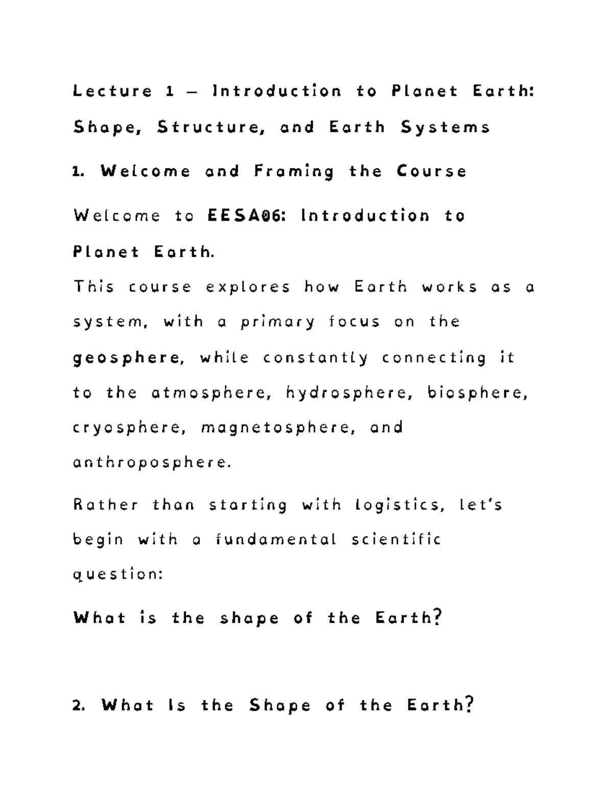 EESA06 Lecture 1: Introduction to Planet Earth - Shape & Systems - Studocu