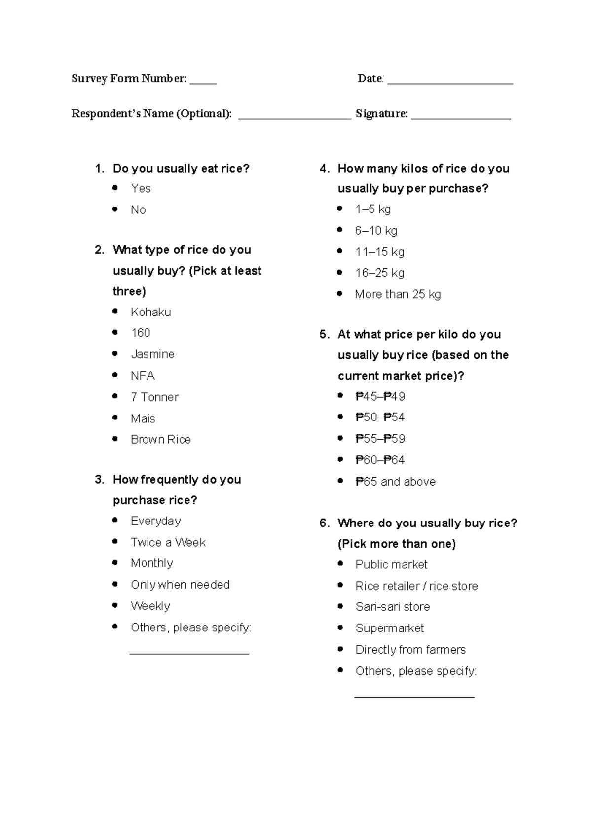 Rice Purchase Survey Form: Insights and Preferences - Studocu