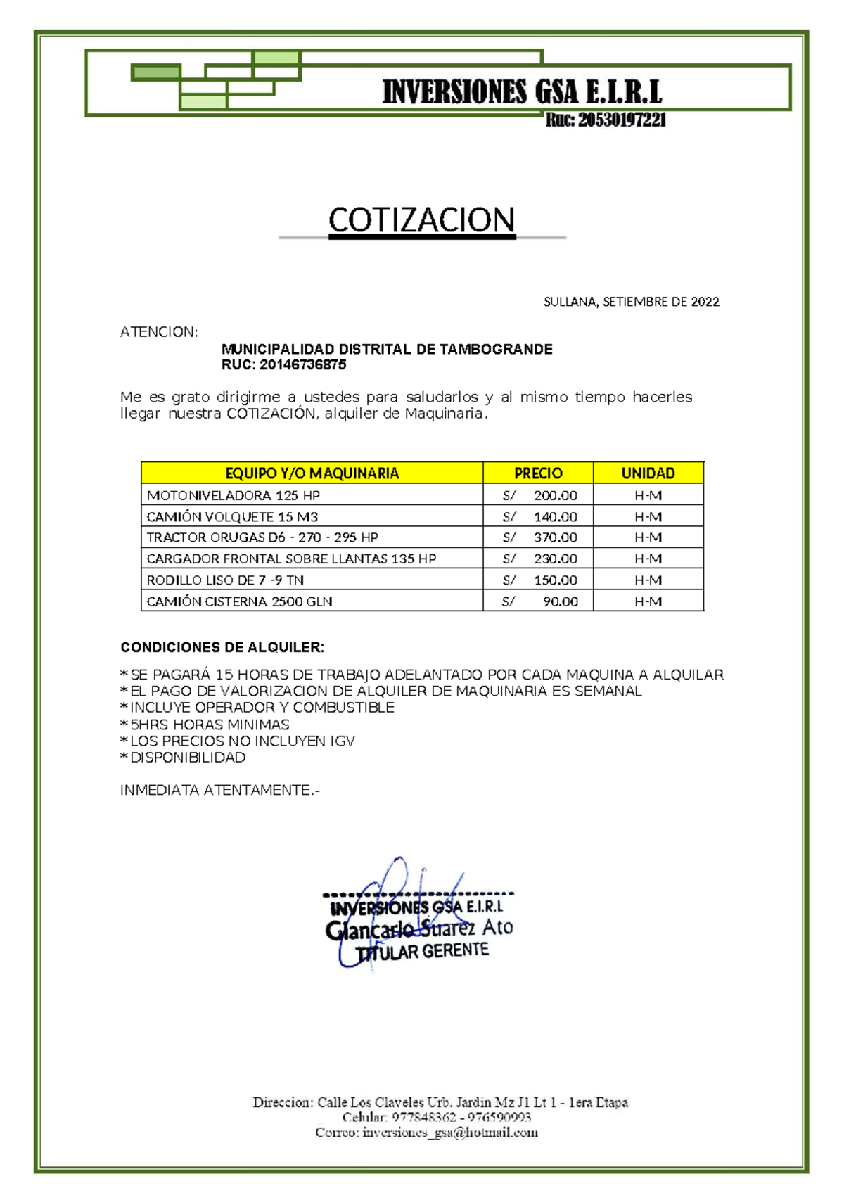 Cotización de Alquiler de Maquinaria - Septiembre 2022 - Document Preview