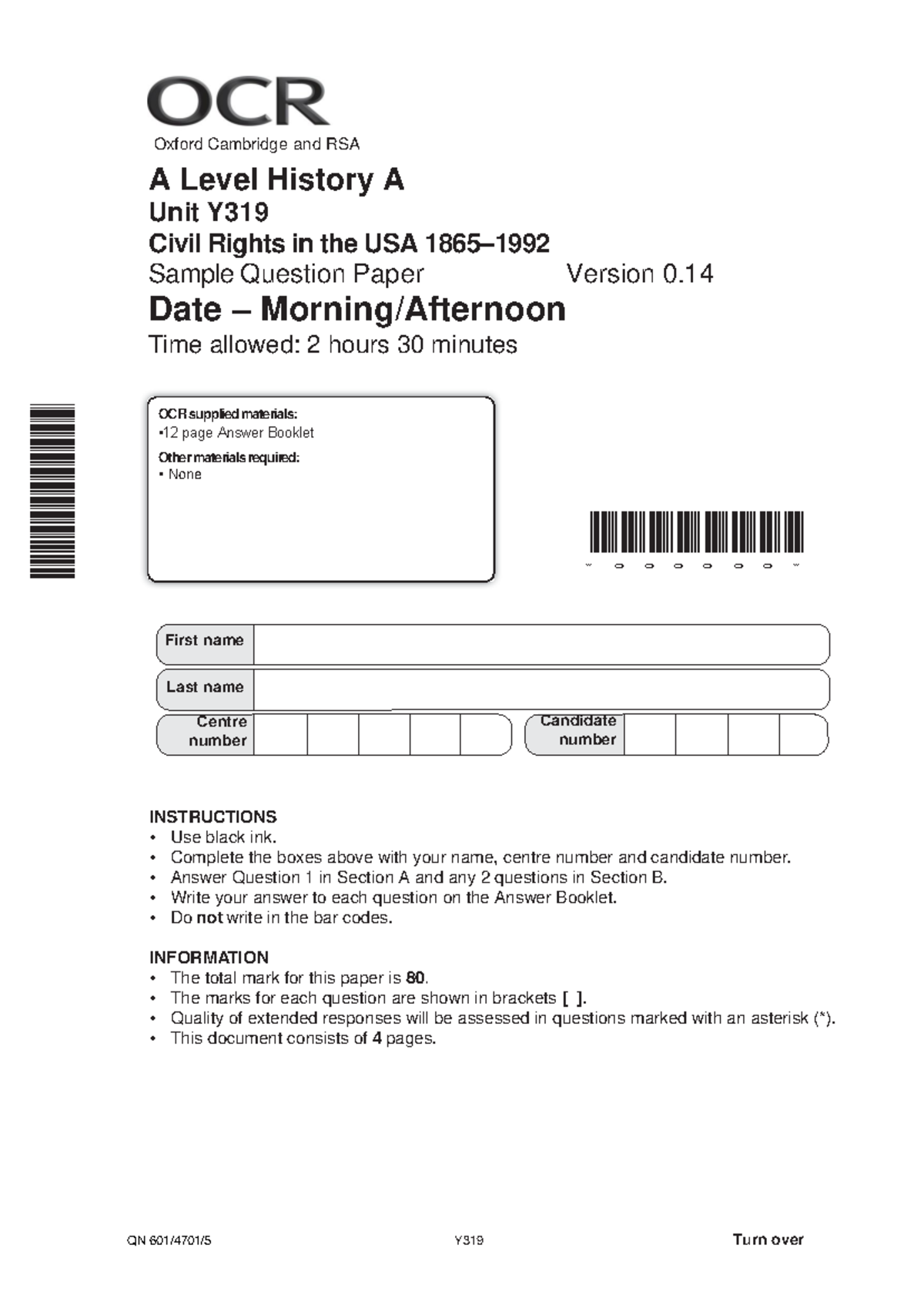 A Level History A Y319: Civil Rights in the USA 1865–1992 Sample ...