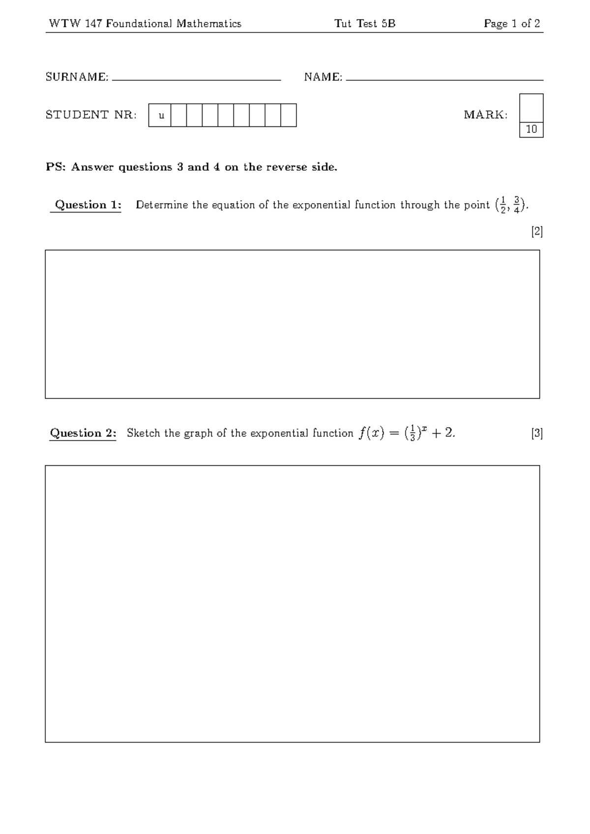 WTW 147 Foundational Mathematics Test 5B Memo - Studocu