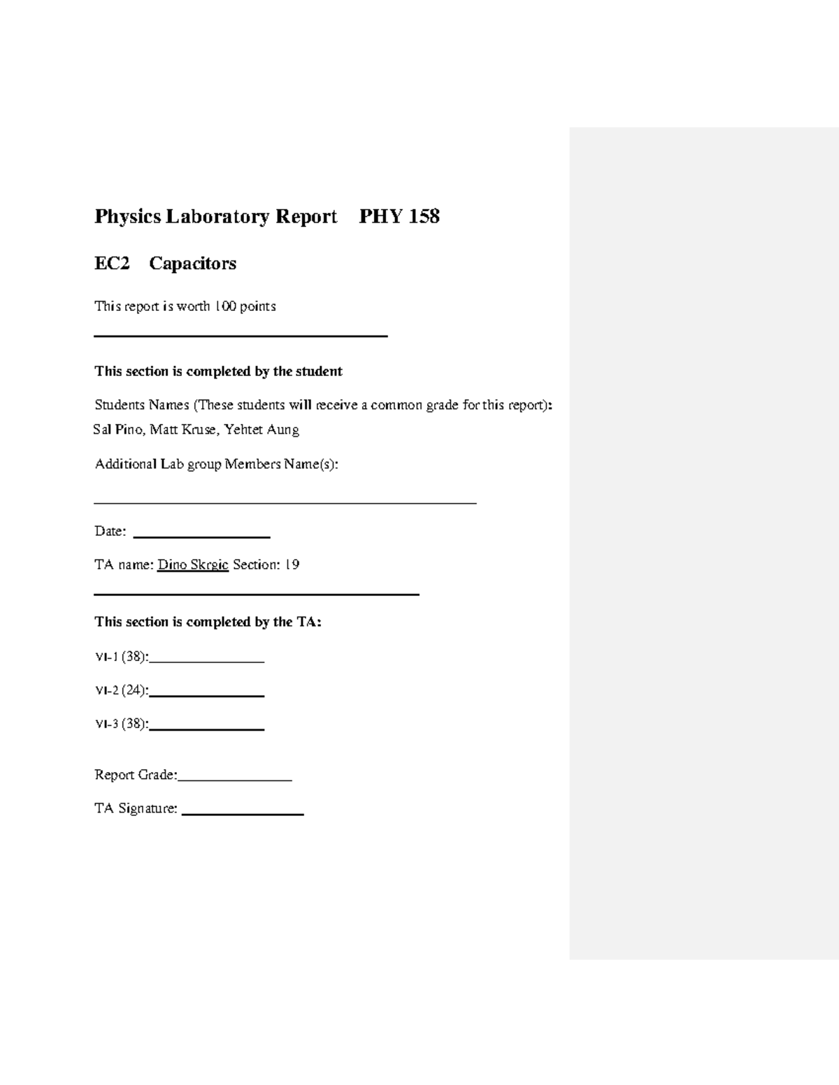 Laboratory Report on EC2 Capacitors for PHY158 Course - Studocu