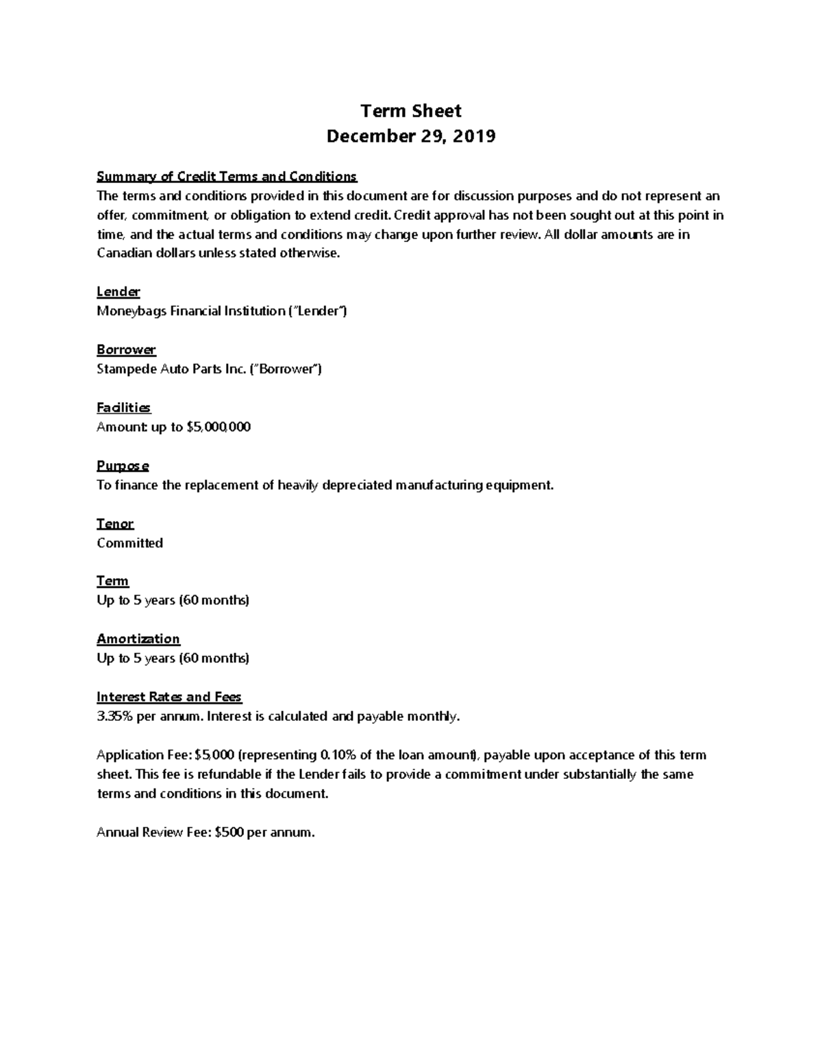 Term Sheet Example for Credit Terms - EF1234 Final Exam - Studocu