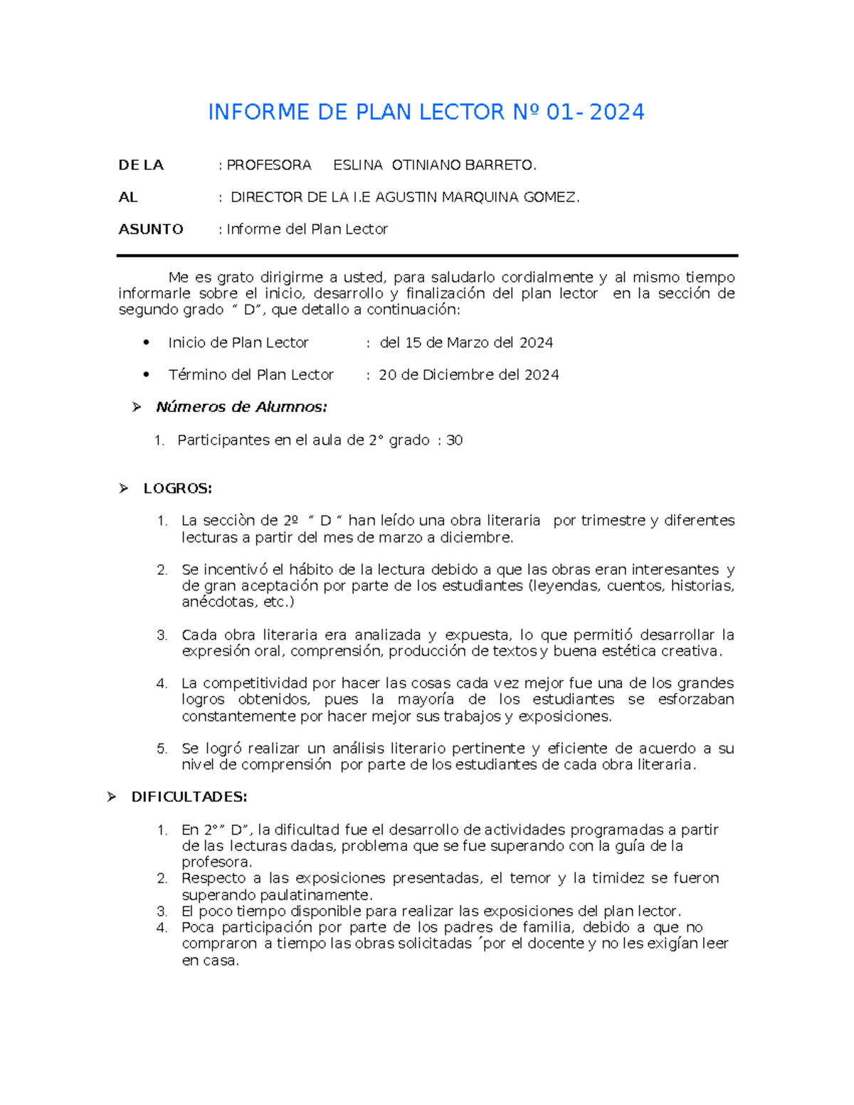 Informe del Plan Lector 2024 - 2º Grado por Prof. Eslina Otiniano - Studocu