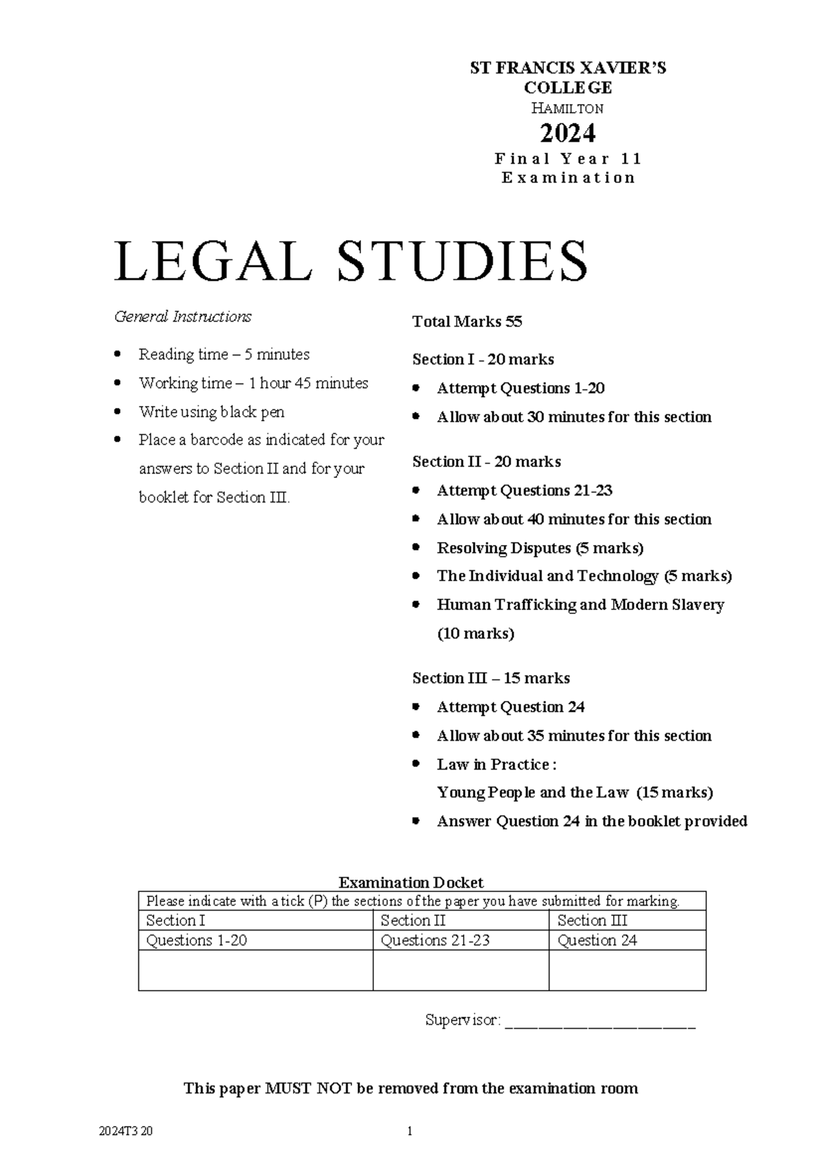 2024 Final Year 11 Legal Studies Exam Instructions and Questions - Studocu