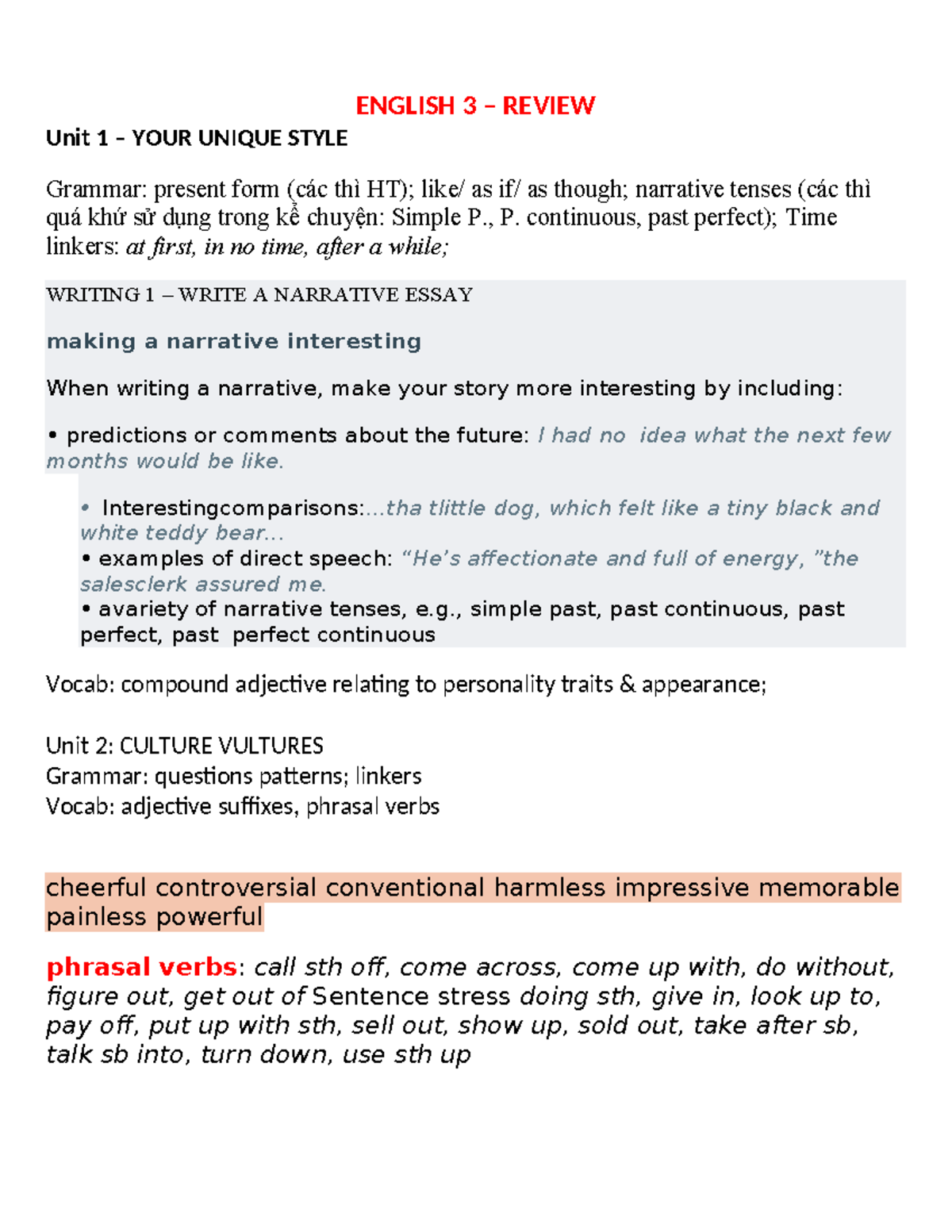 English 3 - Comprehensive Review Notes for Unit 1 to Unit 4 - Studocu