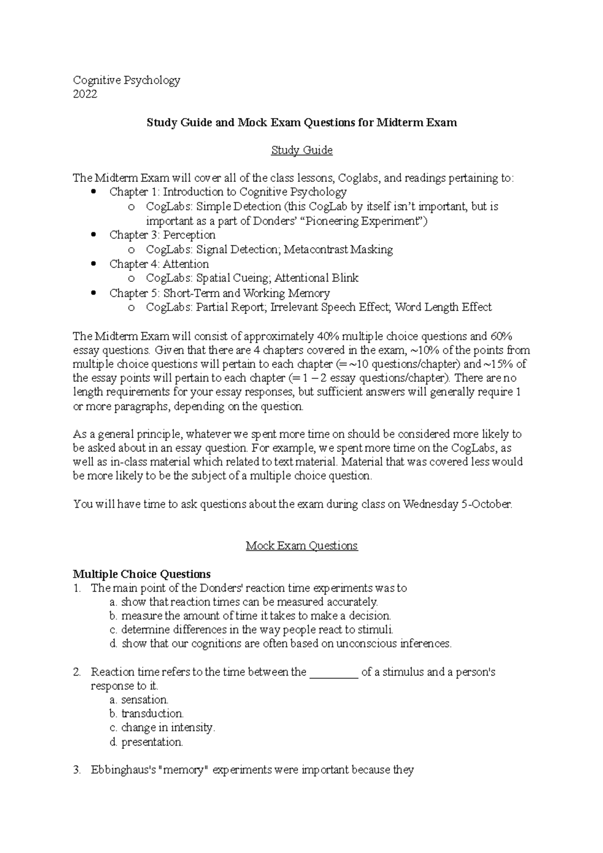 Cognitive Psychology Midterm Exam Study Guide & Mock Questions ...