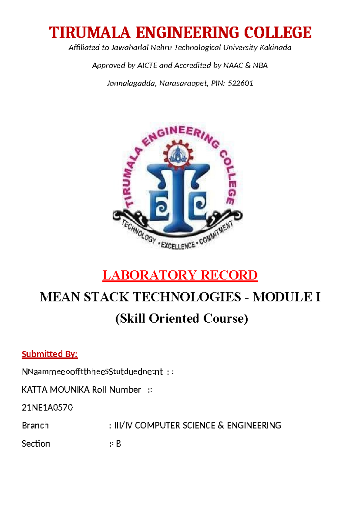 MEAN STACK TECHNOLOGIES LAB RECORD - III B.TECH II SEM - Studocu