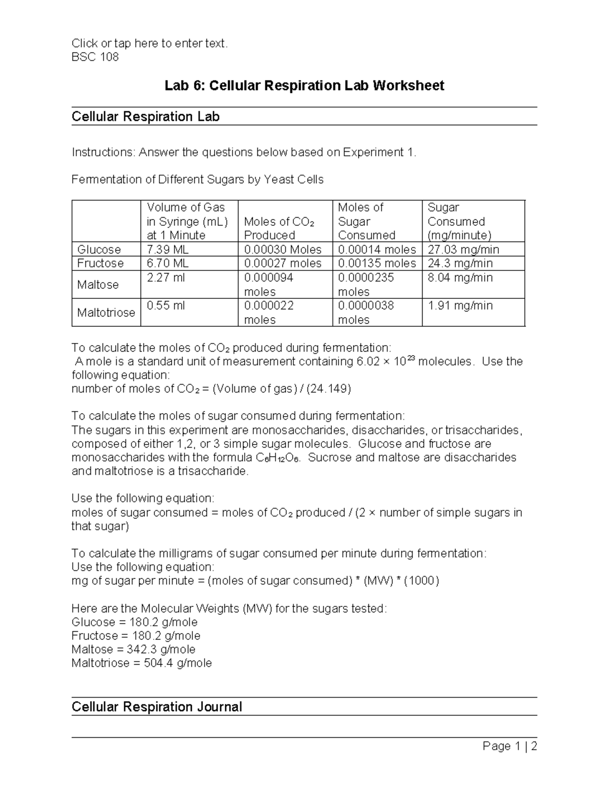 BSC 108 Lab 6: Cellular Respiration Experiment Analysis - Studocu