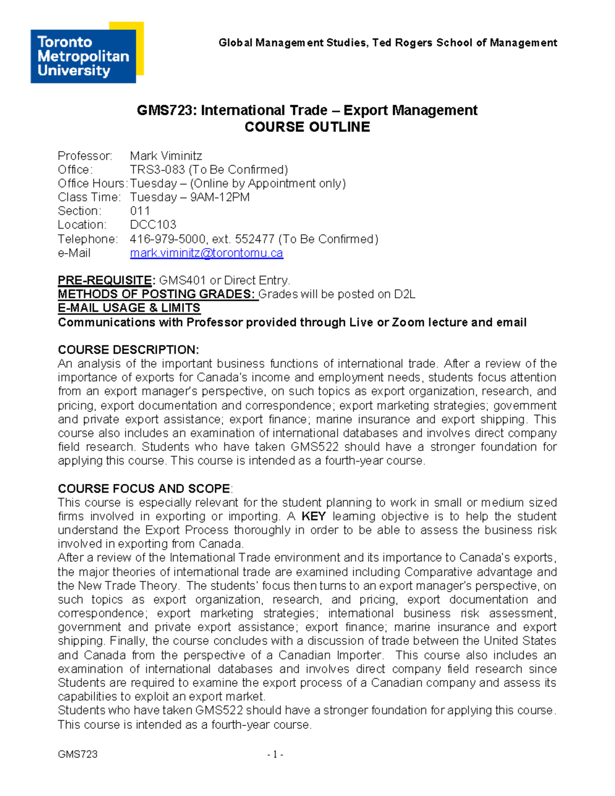 GMS723 Course Outline: International Trade & Export Management - Fall ...