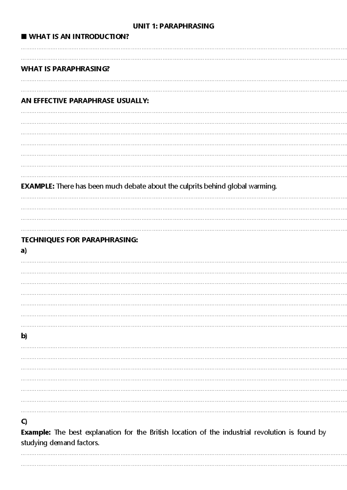 Writing-2105- Paraphrase - UNIT 1: PARAPHRASING WHAT IS AN INTRODUCTION ...
