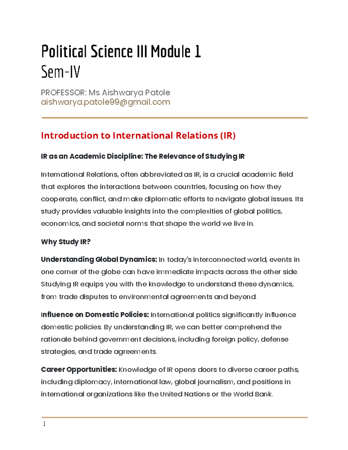 SY Political Sci III - Module 1: Introduction to International ...