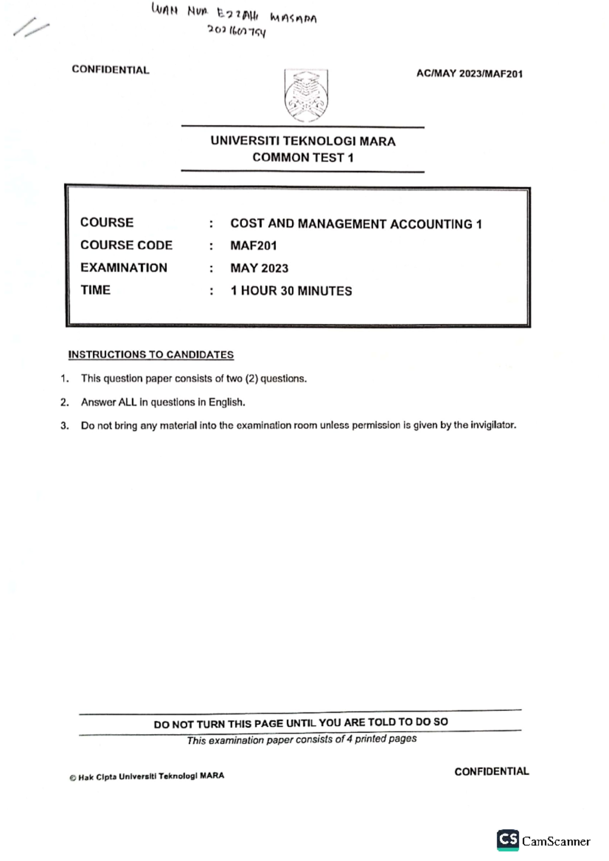 Common Test 1 Q MAF201 - Cost and Management Accounting May 2023 - Studocu