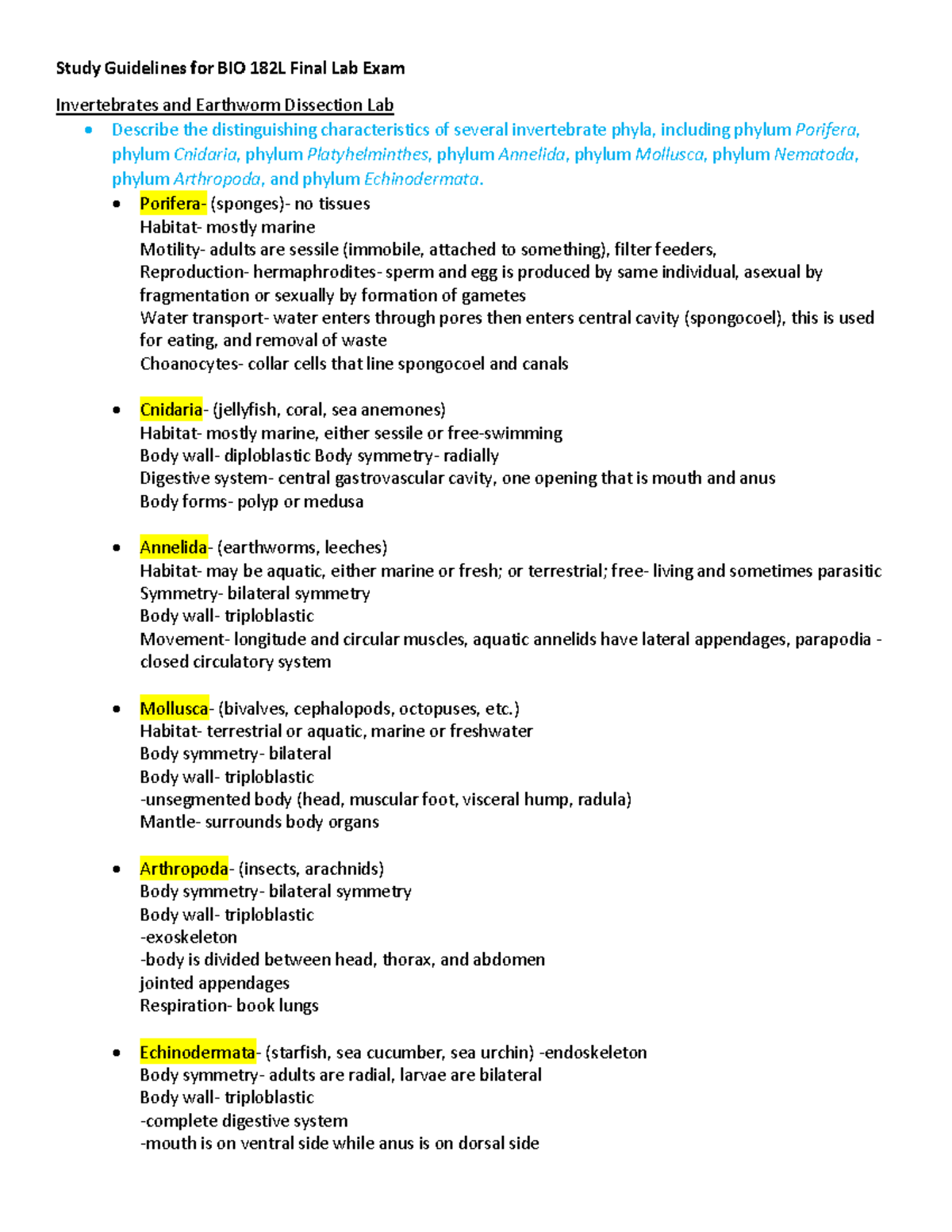 Study Guidelines for BIO 182L Final Lab Exam - Study Guidelines for BIO ...