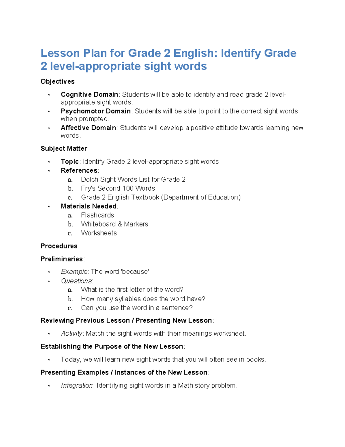 Grade 2 English Lesson Plan: Identifying Sight Words - Studocu