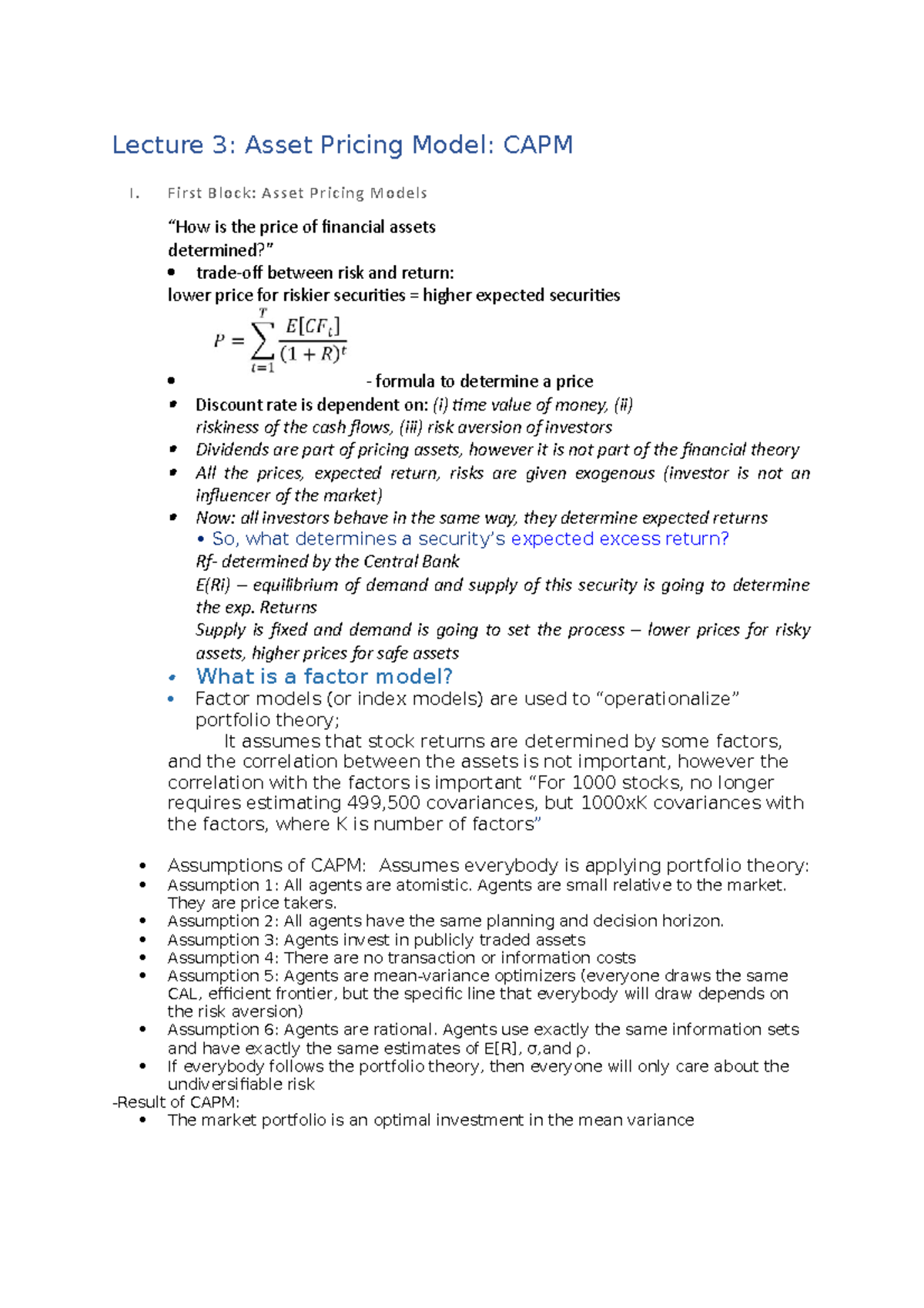 Lecture 3 Notes: Asset Pricing Model & CAPM Overview - Studeersnel