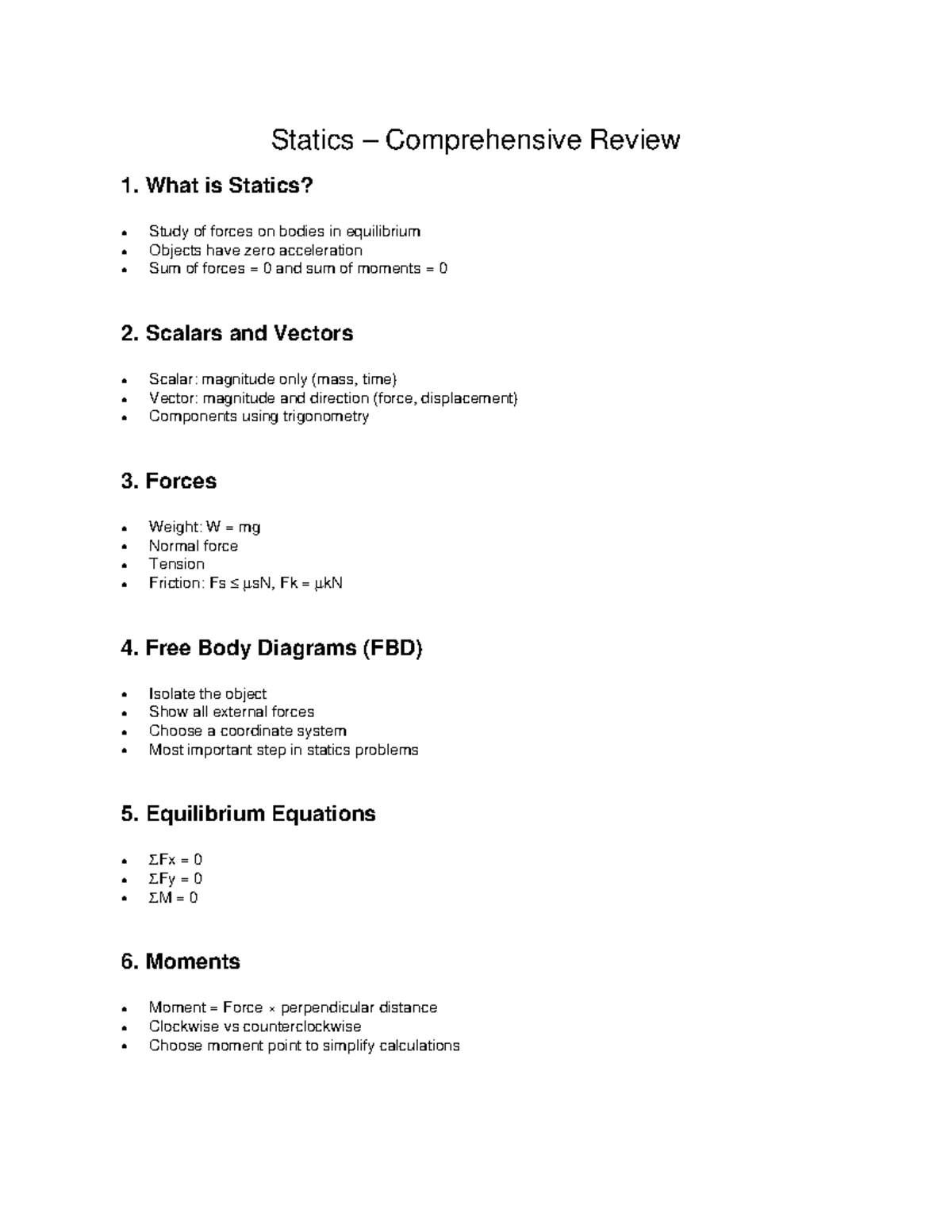 Statics Comprehensive Review: Forces, Equilibrium, and FBDs - Studocu