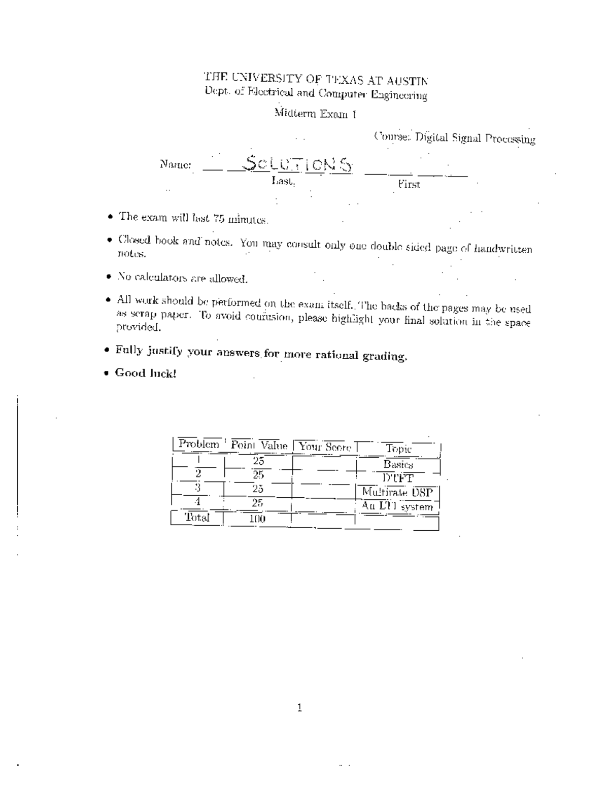 Digital Signal Processing (DSP) ECE 303 Practice Midterm 1 Solutions ...