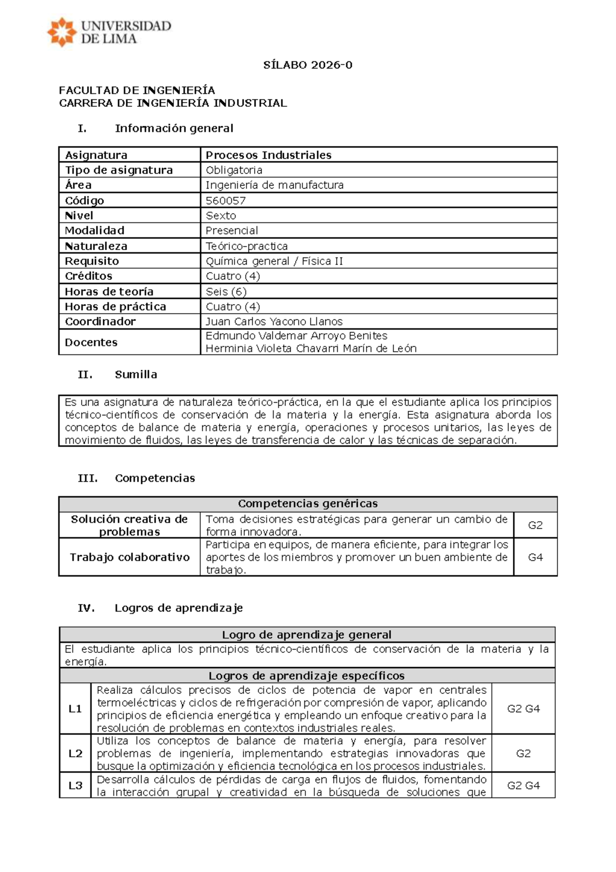 SIL 560057 - Procesos Industriales: Sílabo y Contenidos Clave - Studocu