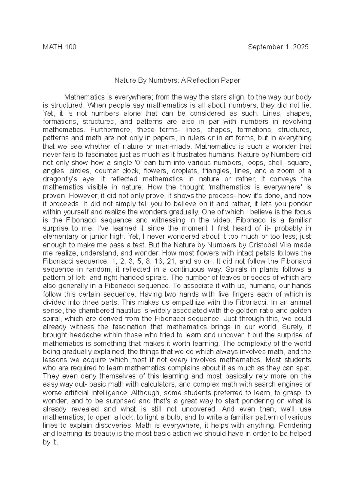 MATH 100 Final Reflection: Nature by Numbers Analysis - Studocu