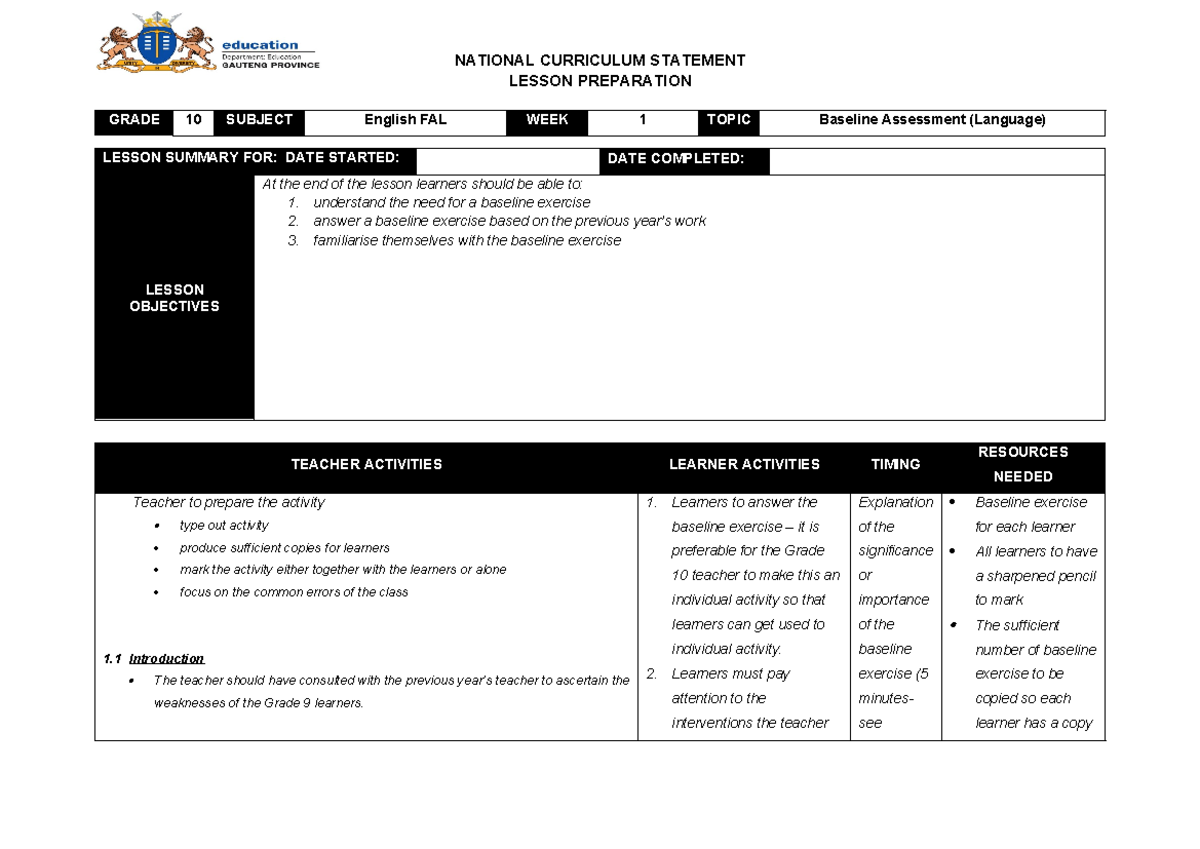 Grade 10 English FAL Lesson Plan 1: Baseline Assessment Activity - Studocu